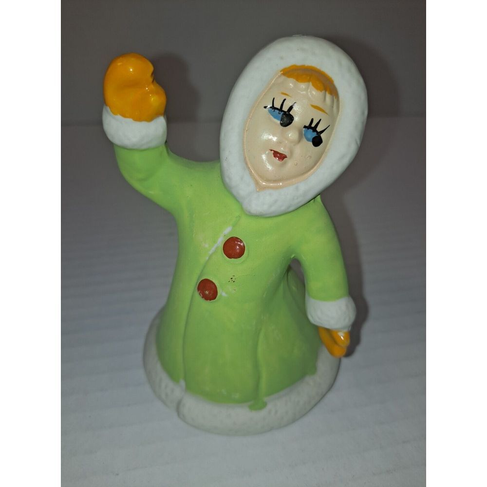 Vintage Ceramic 4" Waving Girl Figurine‎ Bell Green White Winter Coat Mittens
